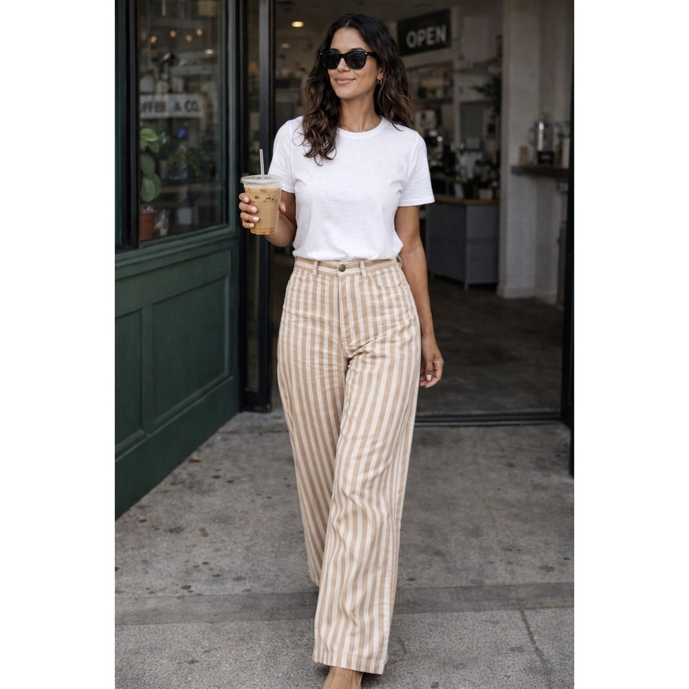 Lulu Castagnette Striped Wide Leg Pants‎ Beige White EU 42 US 10 NWT